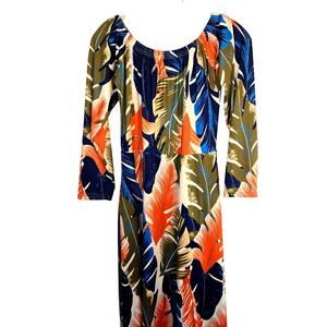 Women's Dress Large Orange Black Leaf Print Long  Misses Size 12 14 L Boho